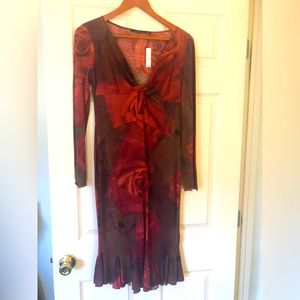 NWT Roberto Cavalli wool dress with “exploded” rose print and bottom flounce.